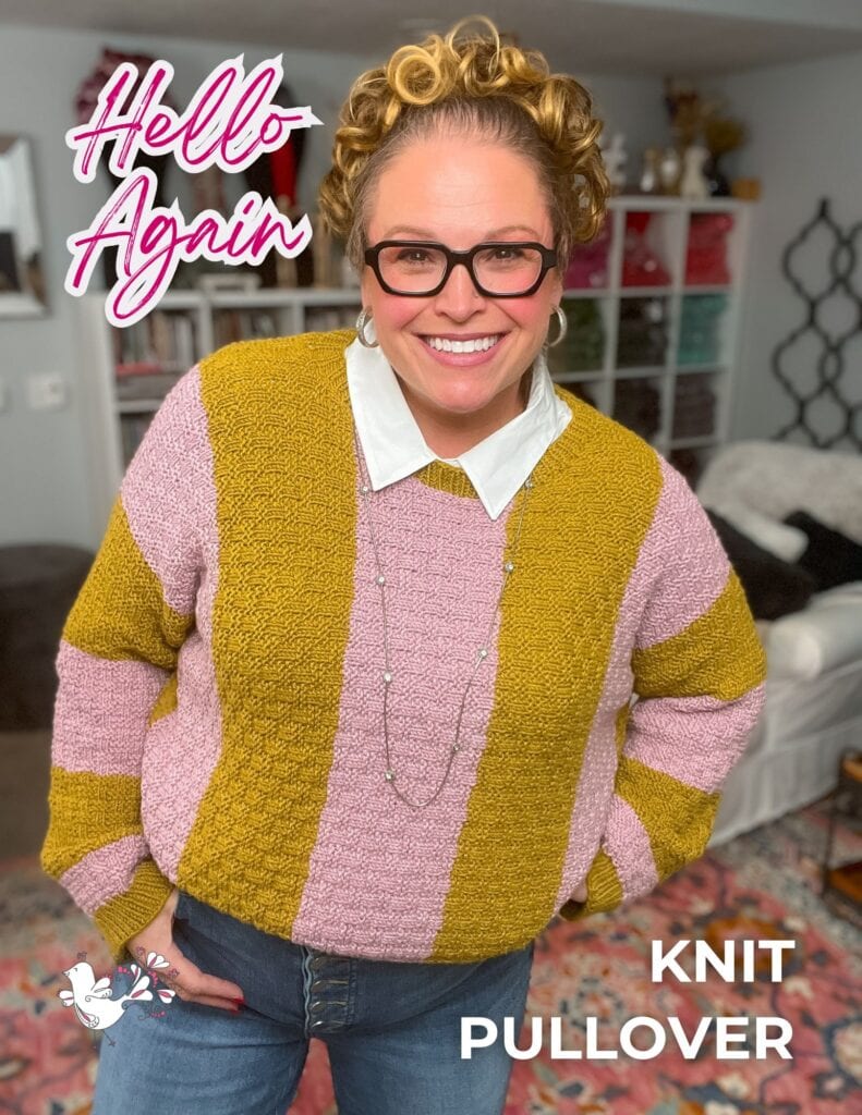 Smiling person with curly hair, glasses, and a long necklace poses indoors in a yellow and pink striped knit pullover over a white collared shirt. Text reads "Hello Again," "KNIT PULLOVER," and highlights Jolly Holiday vol 3. -Marly Bird