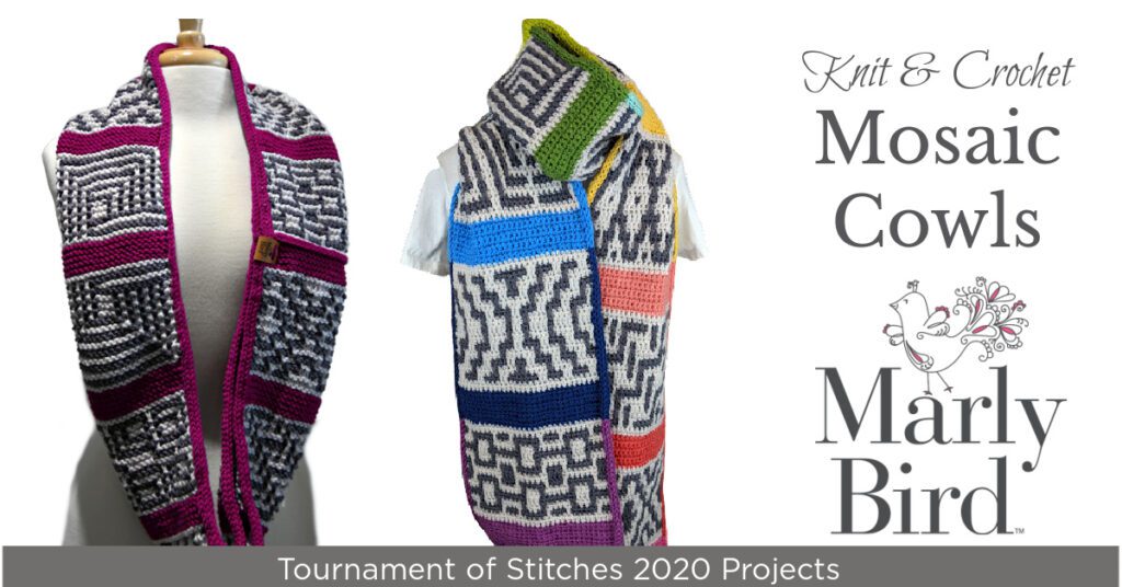 Two mosaic cowls displayed on mannequins, one knitted and one crocheted, featuring geometric patterns in multiple colors, from Marly Bird's Tournament of Stitches.