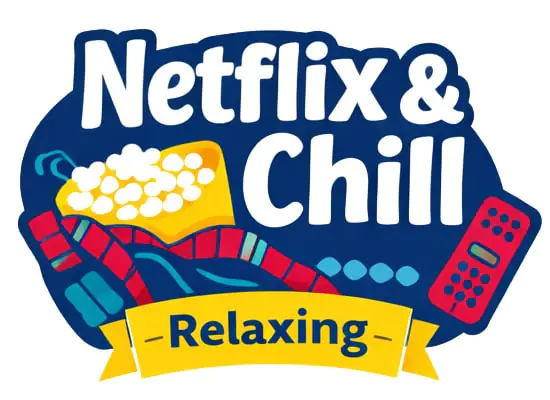 Netflix & Chill" text sits above illustrated popcorn, film reel, and TV remote; yellow "Relaxing" banner below in a playful style.
