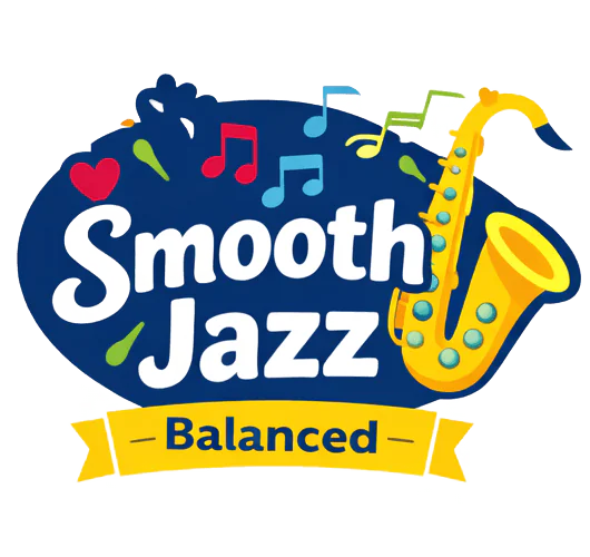 A graphic of a yellow saxophone and music notes on blue, with "Smooth Jazz Balanced"—ideal for jazz-themed knitting projects.