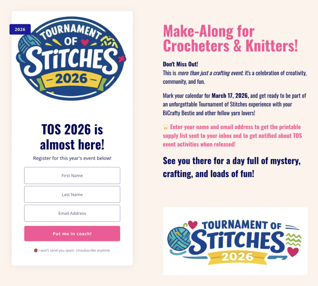 Graphic with yarn balls and crochet hooks beside a sign-up form for the Tournament of Stitches 2026 event.
