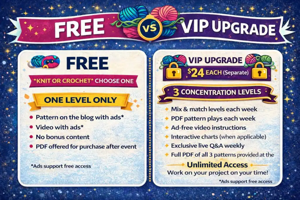Tournament of Stitches 2026 free vs VIP upgrade comparison showing knitting and crochet make-along access, ad-free videos, PDF patterns, and bonus content inside Marly Bird House.
