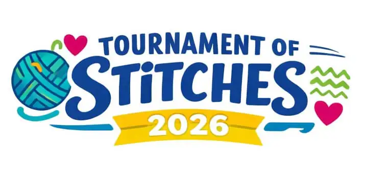 A logo with a blue yarn ball, crochet and knit motifs, two pink hearts, green zigzags, and a yellow 2026 banner.