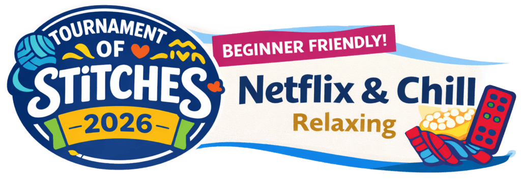 Event logo with yarn, knitting needles, crochet hooks, and hearts in blue and yellow; banner features popcorn and remote icons.