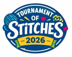 Logo displays “Tournament of Stitches 2026” with a yarn ball, knitting needles, hearts, and festive accents for crochet event.