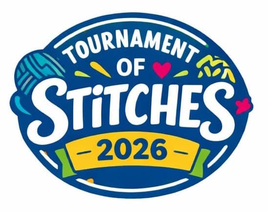 Logo displays “Tournament of Stitches 2026” with a yarn ball, knitting needles, hearts, and festive accents for crochet event.