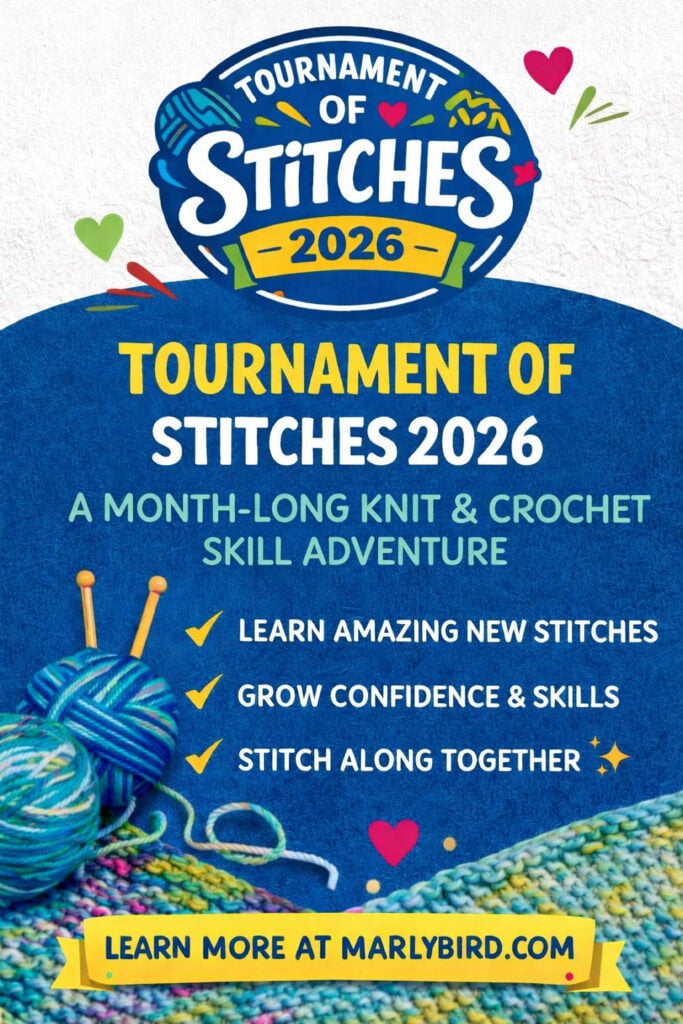 Colorful yarn balls, knitting needles, and heart motifs highlighting stitch details for the Tournament of Stitches 2026.