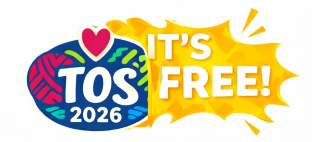 A vibrant yarn ball with a heart beside bold yellow "IT'S FREE!" text on a paint splash for Tournament of Stitches 2026.