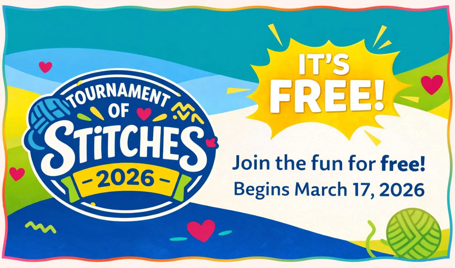 Tournament of Stitches 2026 free knit and crochet make-along with Marly Bird beginning March 17, 2026 Keep alt text clear and descriptive, not stuffed with keywords.