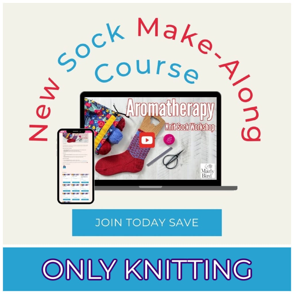 A promotional image for a "New Sock Make-Along Course" features a laptop displaying a sock knitting workshop and a smartphone screen. Text reads "Join Today Save" and "Only Knitting" in bold letters. Background includes knitting accessories, perfect for crafting cozy socks for your feet. -Marly Bird