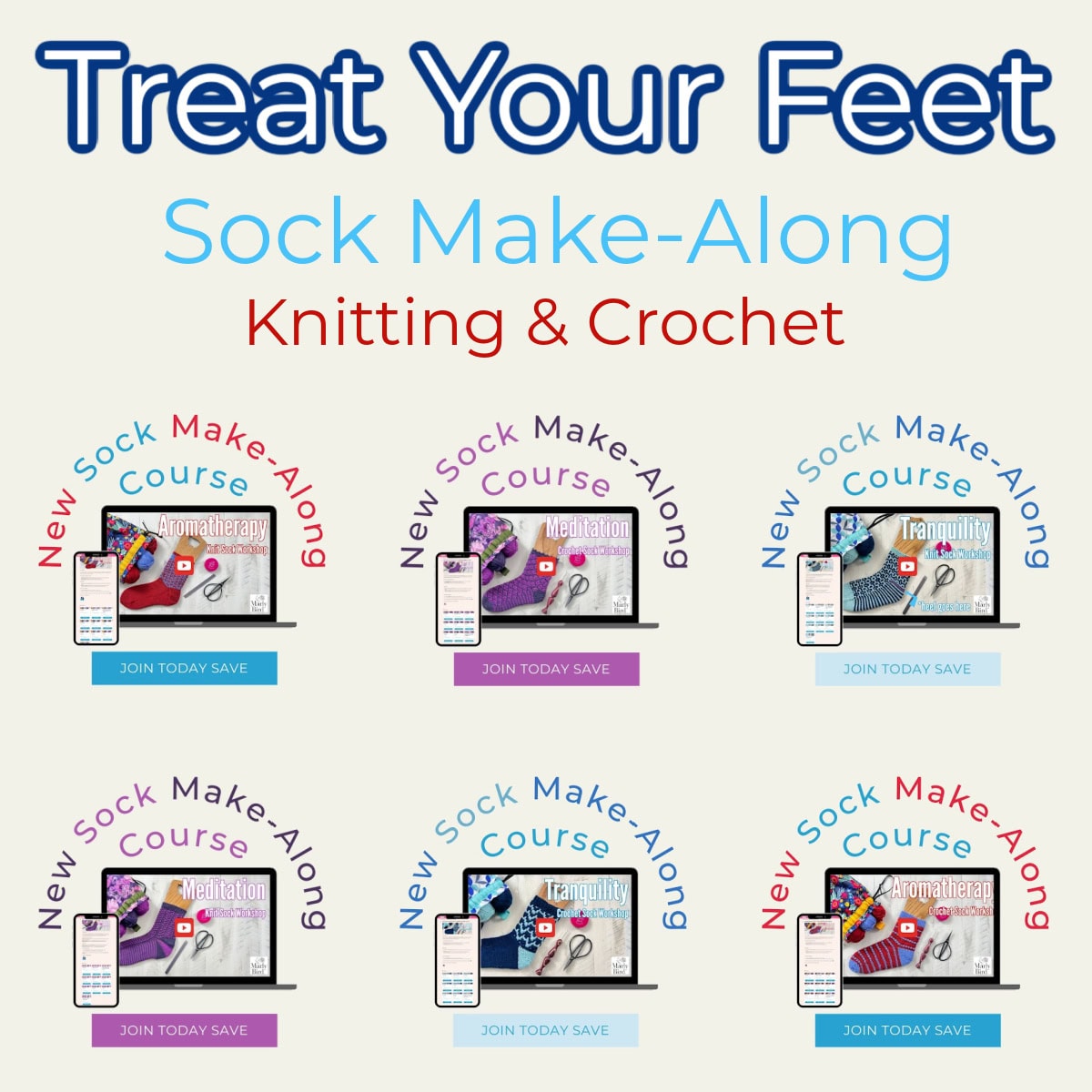 Discover the "Treat Your Feet" 2024 Sock Make-Along! Dive into our knitting and crochet courses, beautifully showcased in six vibrant circular icons with laptops and yarn. Each colorful label invites you to a "New Sock Make-Along Course." Join us for this creative journey!. -Marly Bird