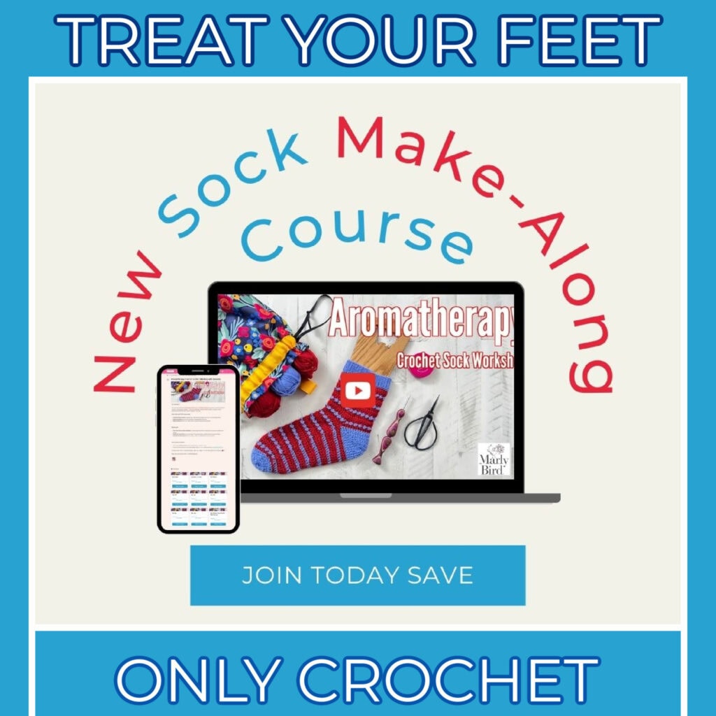 Advertisement for a crochet sock course. A laptop shows a colorful feet sock beside a smartphone. Text reads: "Treat Your Feet," "New Sock Make-Along 2024 Course," "Aromatherapy," and "Join Today Save" against a blue background. -Marly Bird