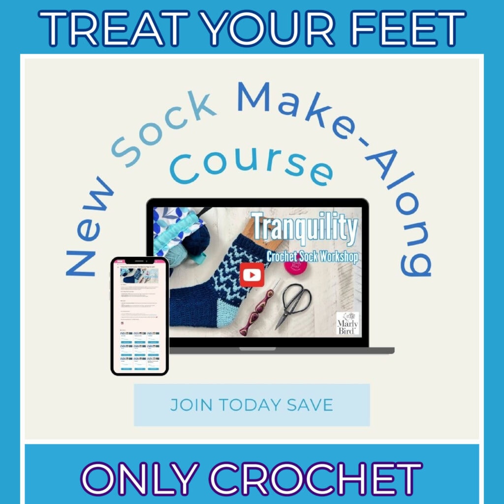 Join the "Tranquility Crochet Sock Workshop 2024" featuring sock patterns displayed on laptops and smartphones. Indulge in our "Sock Make-Along Course" and pamper your feet. Sign up today to save big! Only crochet. Treat Your Feet!. -Marly Bird