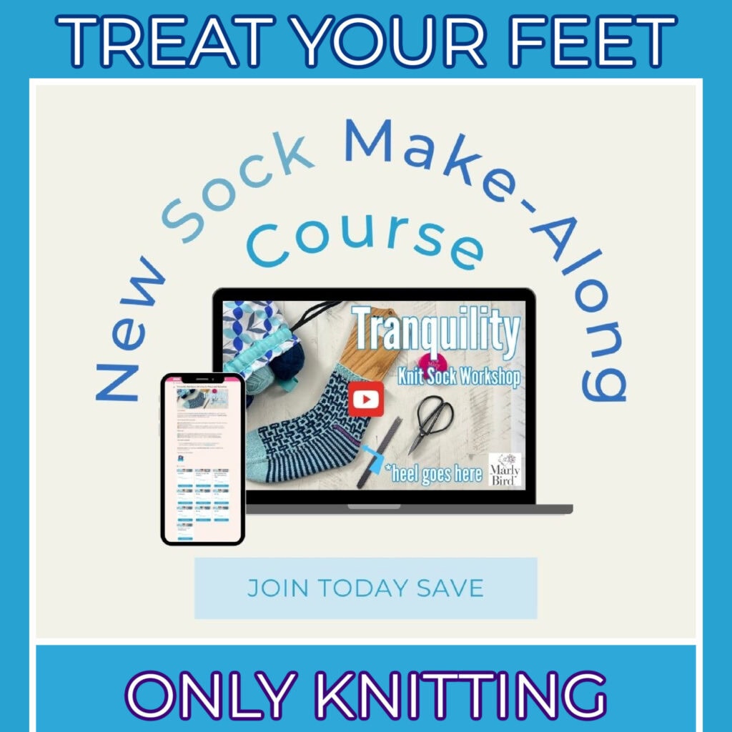 Advertisement for a knitting workshop. A laptop displays "Tranquility Knit Sock Workshop." Dive into the 2024 Sock Make-Along with tools ready to go! A phone shows website details. Text above reads "Treat Your Feet" and below "Only Knitting." Centered is a "Join Today Save" button. -Marly Bird