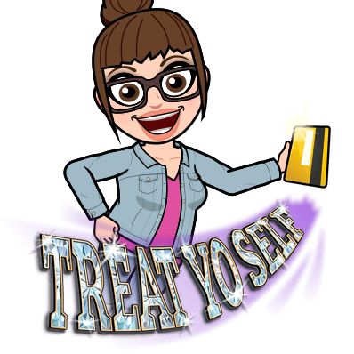 Marly Bird Bitmoji holding a credit card as if to swipe, and the words treat yo self in sparkly letters 