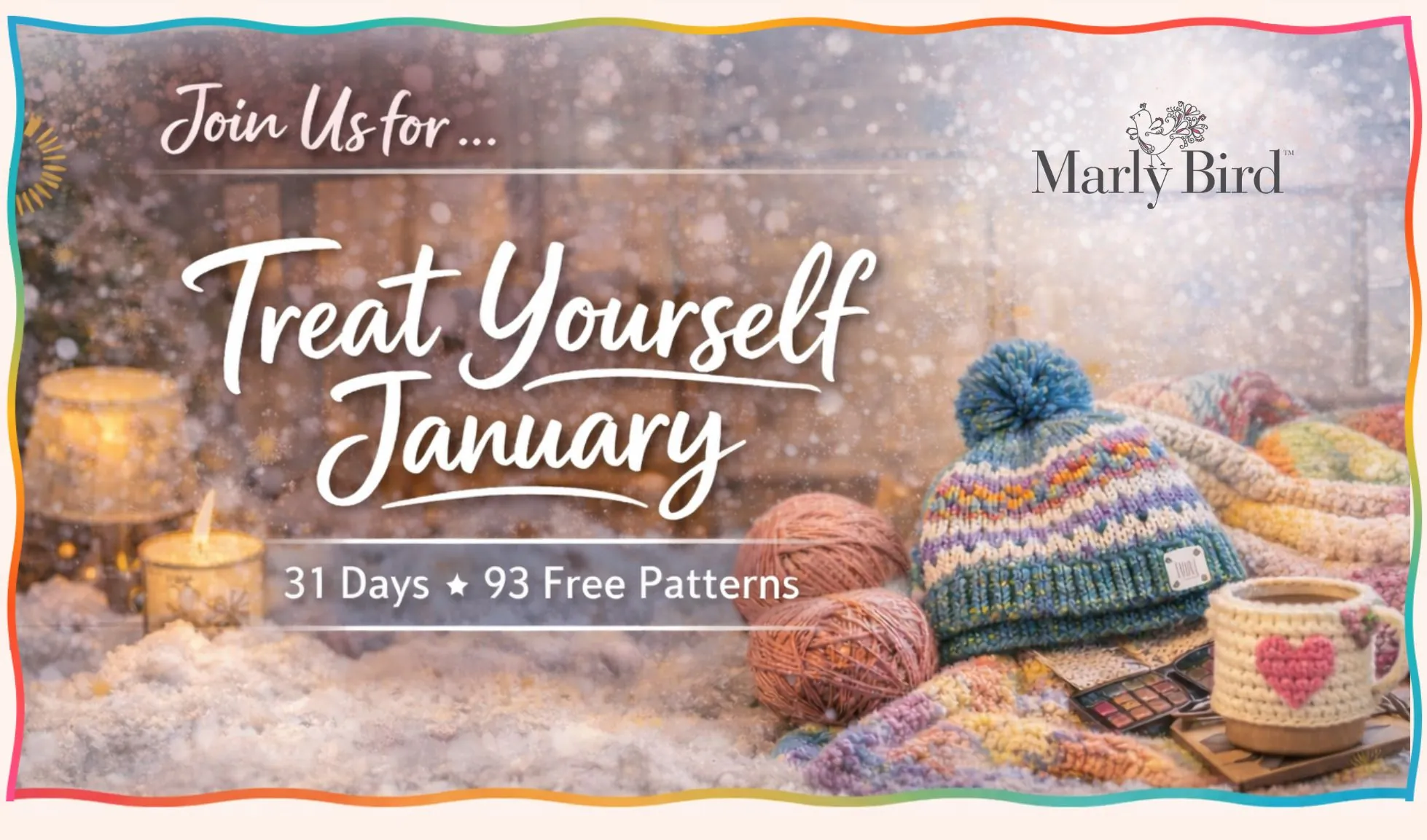 Colorful knitted hats, yarn skeins, a crochet hook, and eyeglasses on snow; features detailed textures and stitches.
