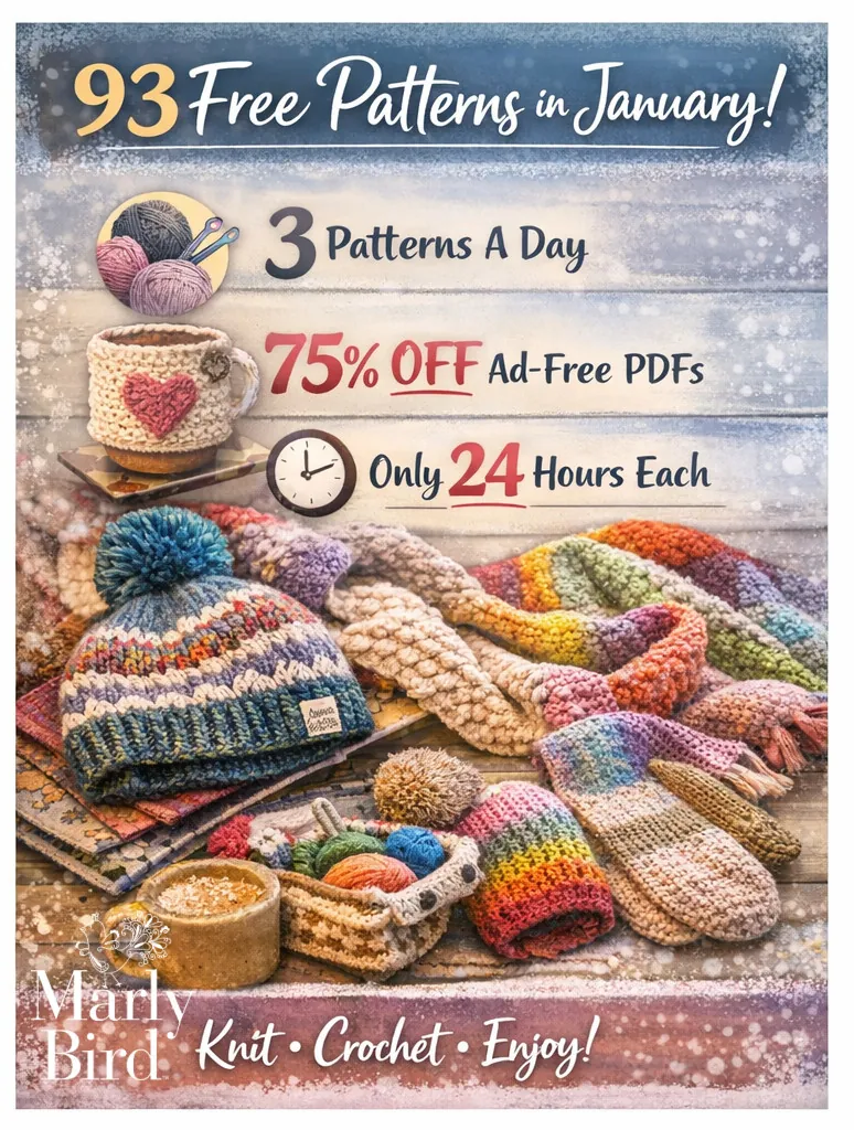 A cozy display of colorful knitted and crocheted hats, mittens, and scarves, with a mug of tea on a book, promotes "93 Free Patterns in January," free crochet patterns, and discounts on ad-free PDFs from Marly Bird. -Marly Bird