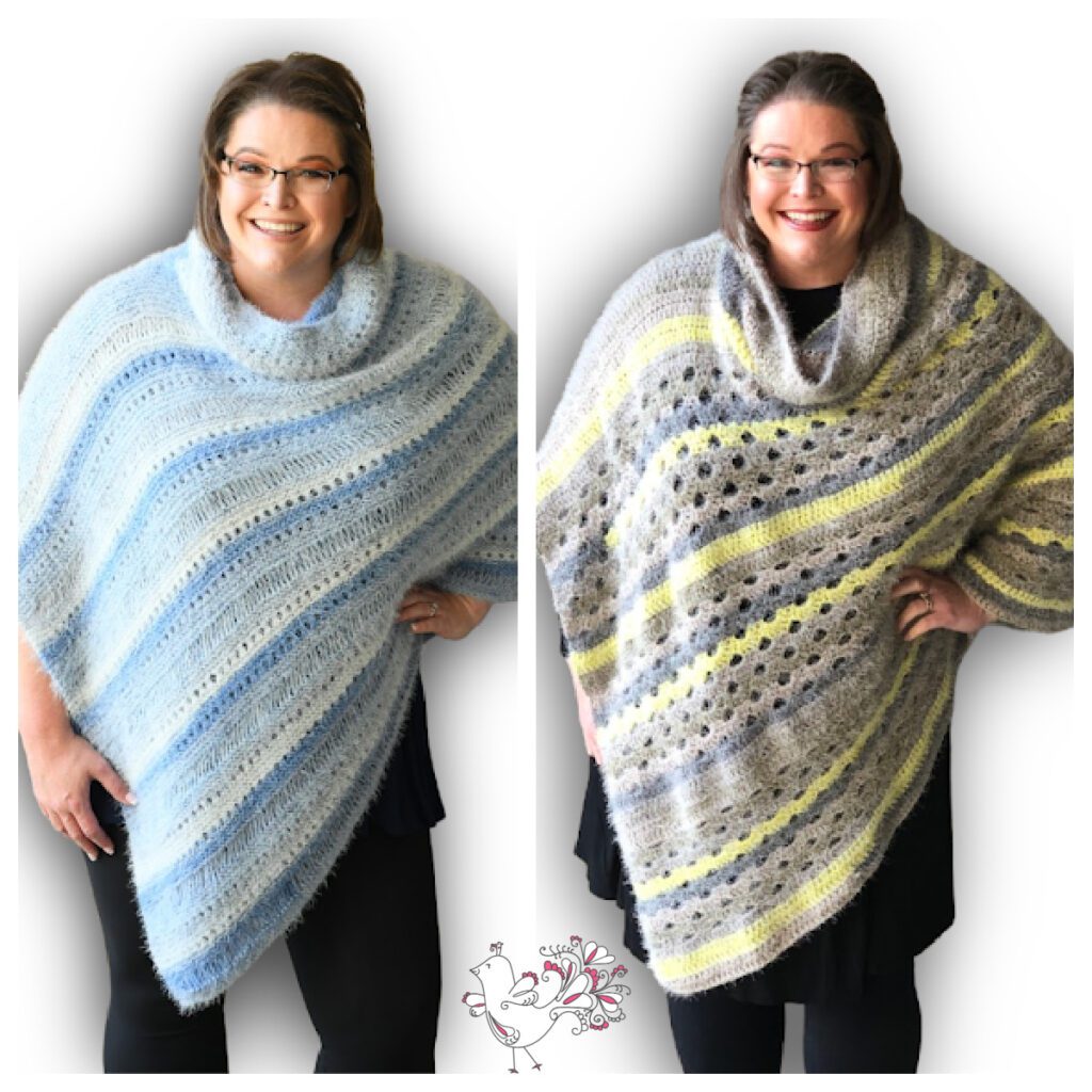 Caron Cake Shop Yarn - Latte Cakes - First Tournament of Stitches Projects - knit poncho in blue, crochet poncho in gray and yellow - Marly Bird