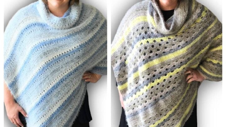 Smiling woman models two asymmetrical ponchos: blue-and-white striped crochet, and Tunisian gray with yellow and lace stripes.