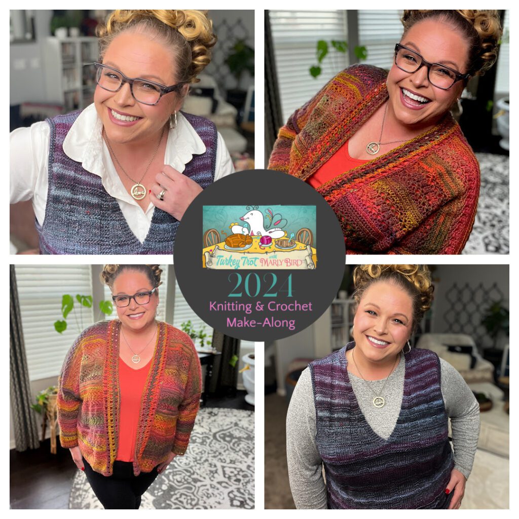 A woman poses in four different knitted and crocheted outfits, smiling in each. She wears glasses and her hair is up. The center features a logo with a turkey design and text: "2021 Knitting & Crochet Make-Along. -Marly Bird