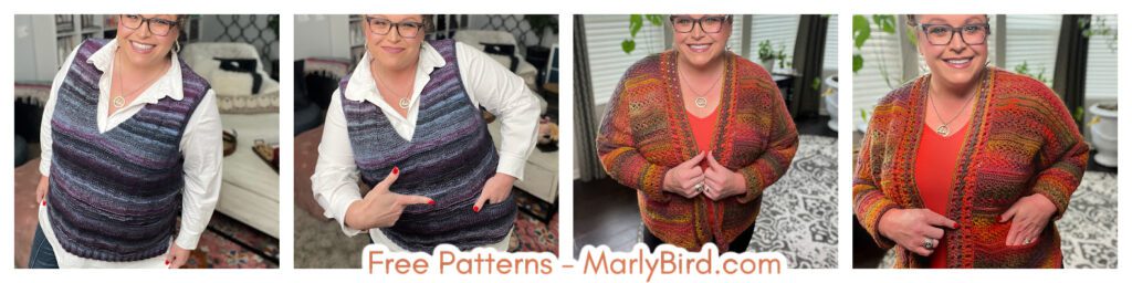 A person wearing knitwear: a striped sleeveless sweater and a multicolored cardigan, both in earthy tones. They smile, standing in a cozy room with a patterned rug and white furniture. Text reads: "Join the Make-Along 2024 - MarlyBird.com -Marly Bird