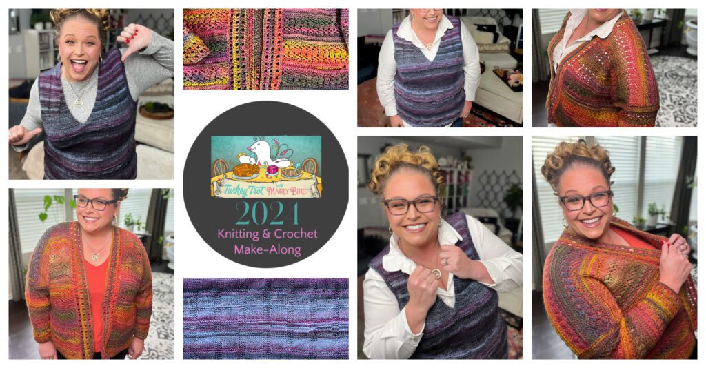 A collage of a smiling person proudly displaying vibrant knitted and crocheted garments, highlighted by a central logo for the 2021 Knitting & Crochet Make-Along with a yarn design, brought to life with Marly Bird’s signature flair. -Marly Bird