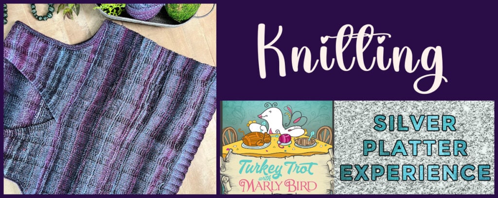 A purple and blue knitted garment is displayed next to yarn and needles. The image highlights “Knitting,” “Turkey Trot with Marly Bird,” and “Free Knit Vest Pattern” with colorful graphics for Turkey Trot 2024. -Marly Bird