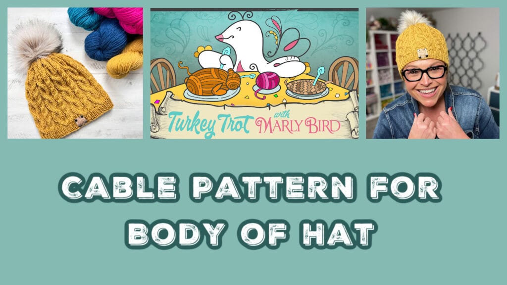 A collage showing a yellow knitted cable hat with a pom-pom, colorful yarn, an illustrated turkey with yarn and pie, a smiling woman wearing the hat, and the text "Cable Pattern for Body of Hat. -Marly Bird