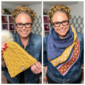 A woman models a chunky yellow knit hat with pom-pom and a textured scarf in purple, yellow, and red. Both pieces are hand-knit.