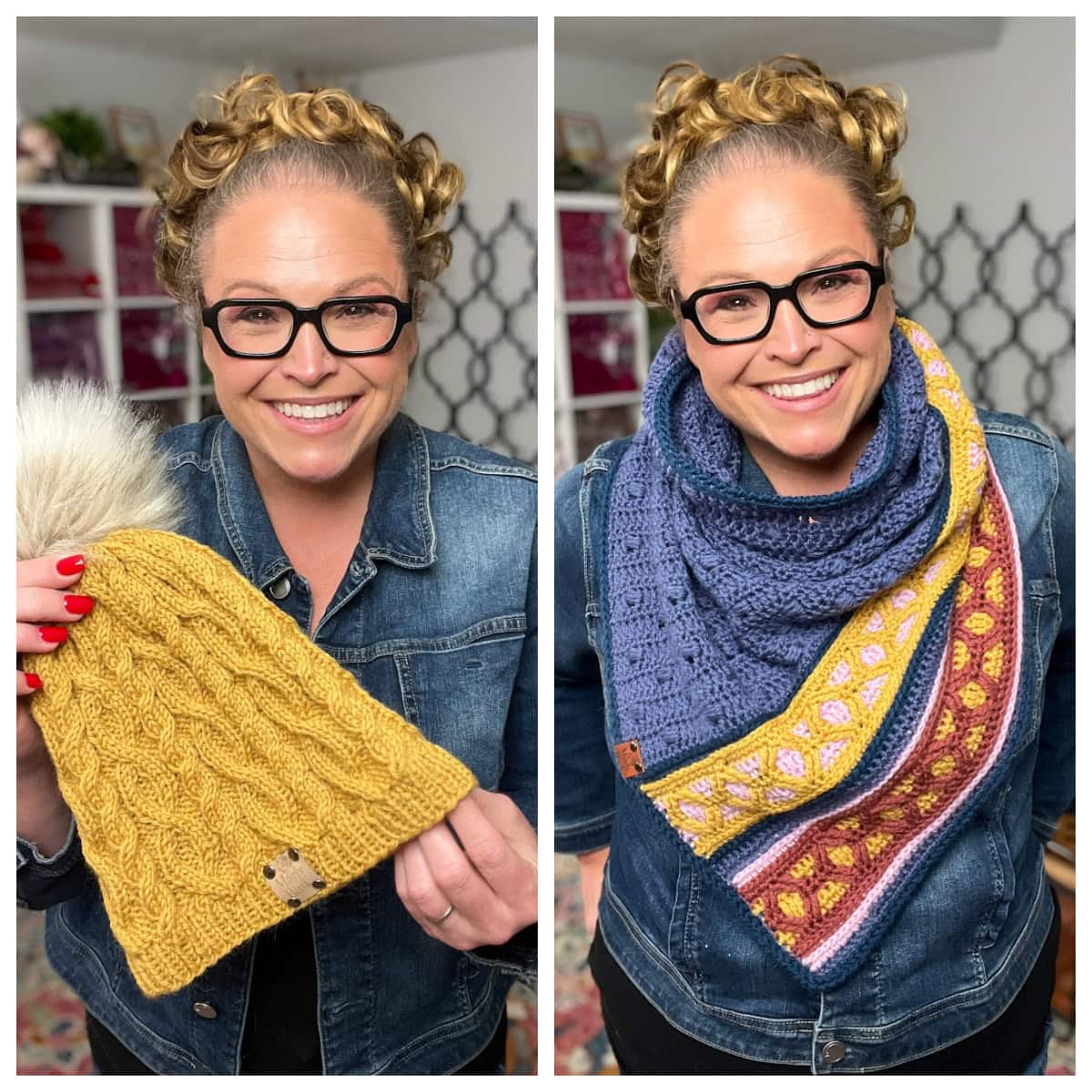 A smiling woman with glasses and curly hair, wearing a denim jacket, holds up a yellow knit hat with a pom-pom in one photo and wears a colorful knit scarf in the other—perfect for the Marly Bird Turkey Trot Make-Along 2025. -Marly Bird