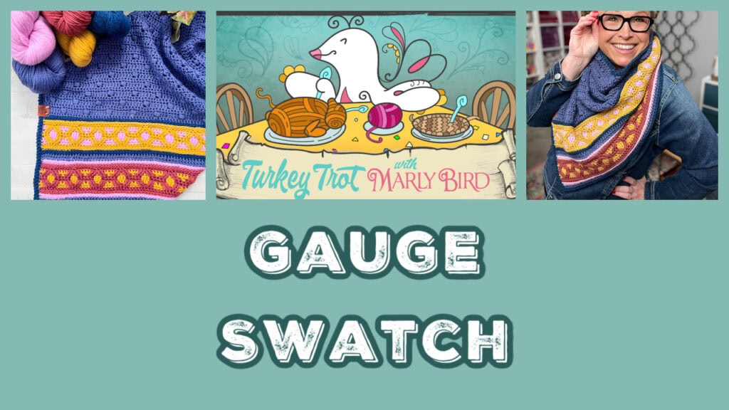 A colorful crochet swatch with yarn, a cartoon bird with yarn balls, a woman modeling a crochet cowl, and the text "GAUGE SWATCH" on a teal background—perfect inspiration for your next Keystone Cabled Knit Hat or cozy knit hat project. -Marly Bird