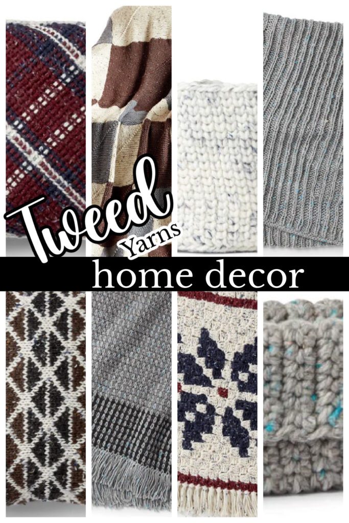 A collage of various tweed fabric and yarn patterns used in home decor, showcasing different colors and designs, with the words "tweed yarns home decor" in the center. Marly Bird