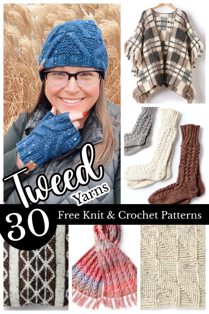 A collage featuring a smiling woman in glasses wearing a blue knitted hat and gloves, alongside images of various tweed yarn knit and crochet products, including a poncho and socks, with text "tweed yarns 30 free knit & crochet patterns". Marly Bird