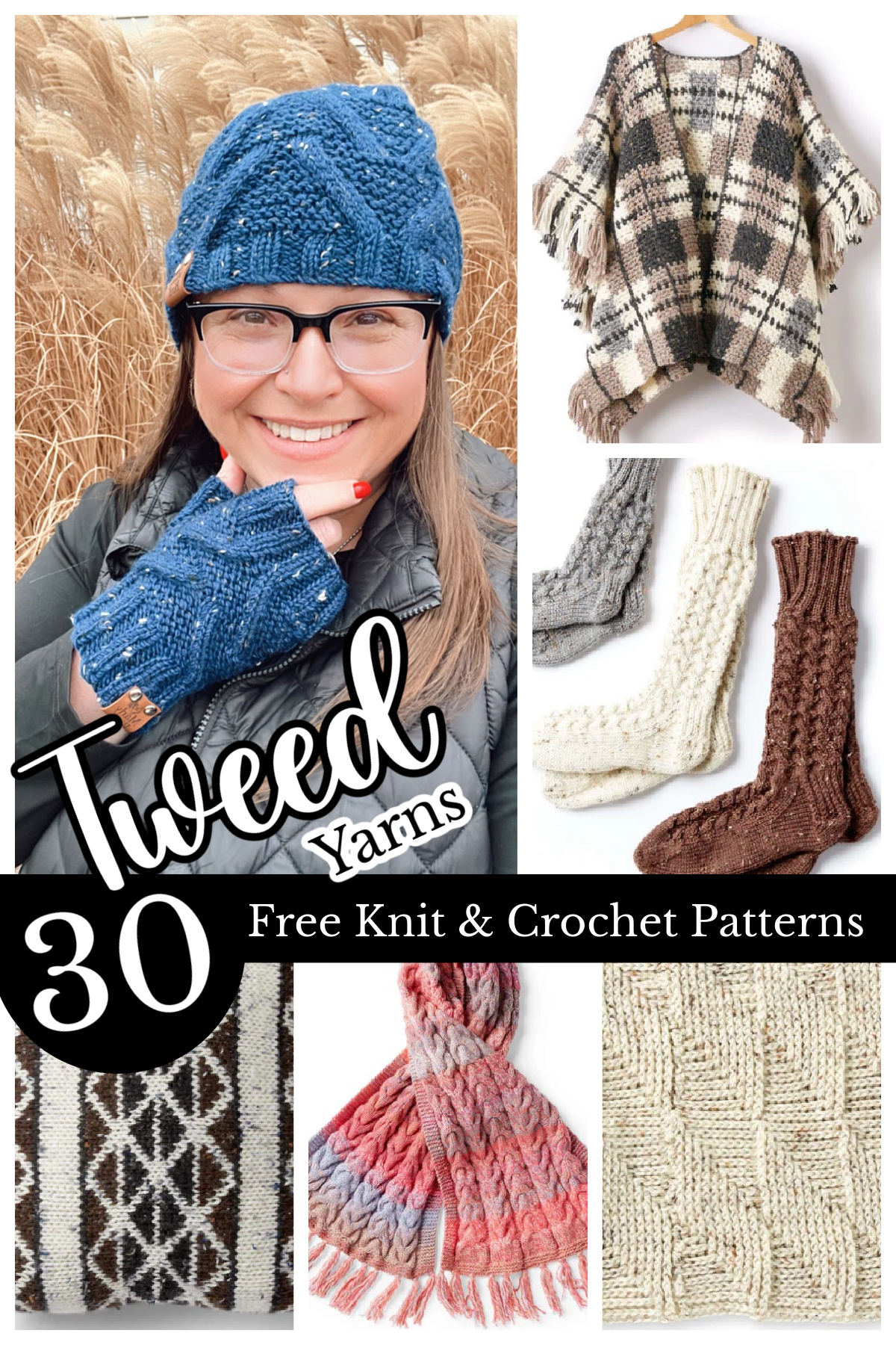 Tweed Yarn - 30 free knit and crochet patterns on the marlybird website. Image has a collage of 6 images using tweed yarn.