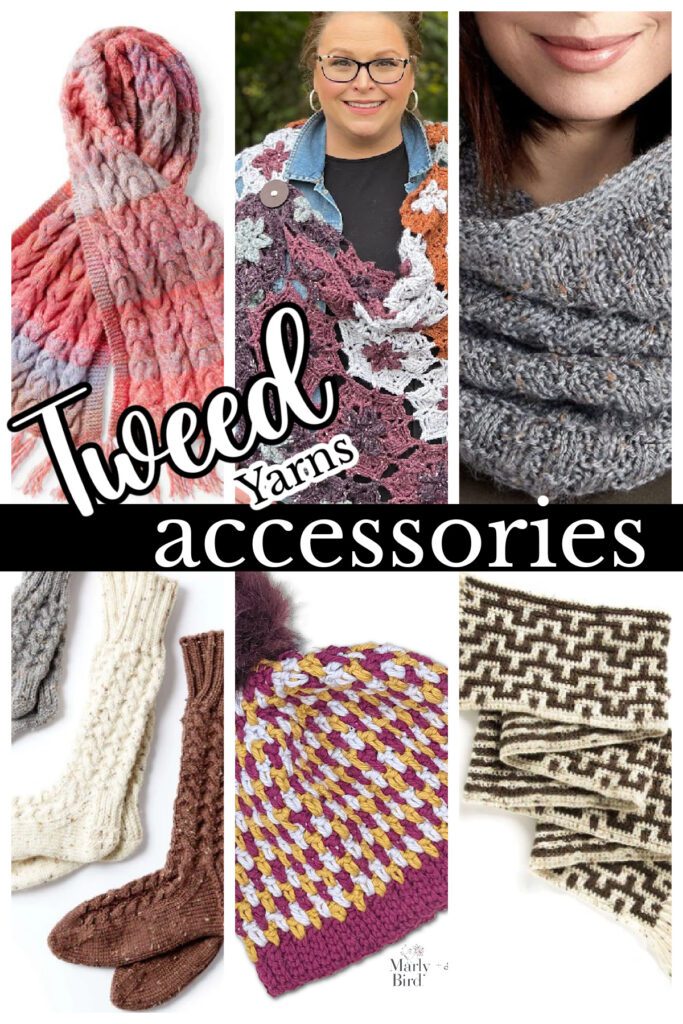 A collage of tweed yarn accessories including scarves, socks, and a cowl in various patterns and colors, with a middle section labelled "tweed yarns accessories" and glimpses of women modeling the items. Marly Bird