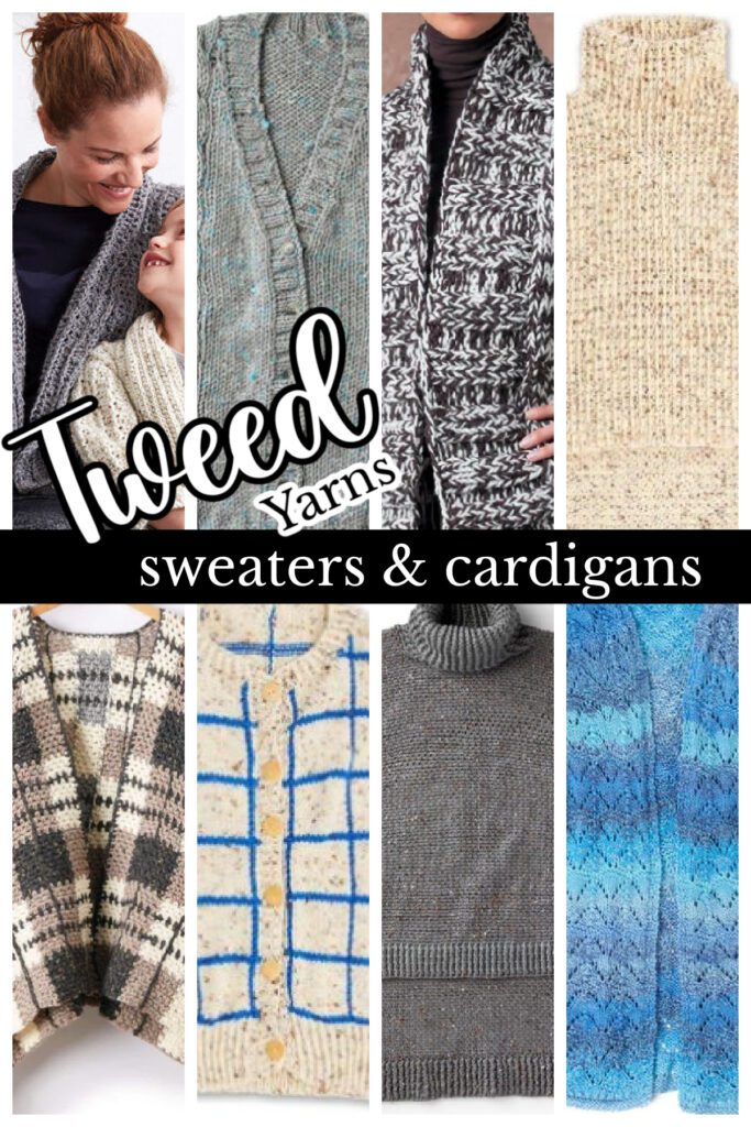 A collage showcasing various styles of sweaters and cardigans made from tweed yarns, featuring different patterns and textures in subdued colors. the text "tweed yarns sweaters & cardigans" overlays the image. - Marly Bird