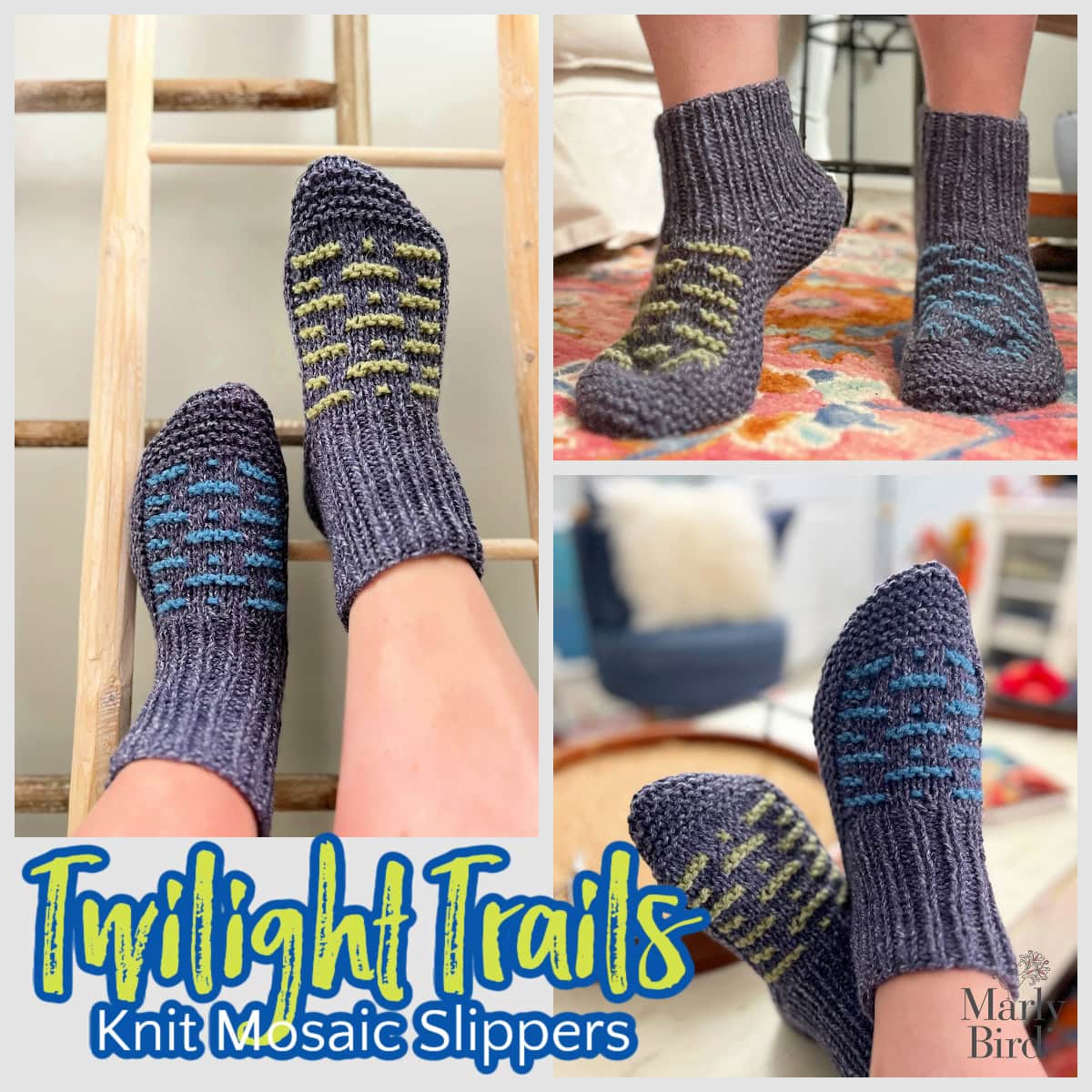 Collage illustrating Knit Mosaic Slippers in a blue and green pattern. Feet rest on a ladder, showcasing cozy comfort. Smaller images reveal various angles of the slippers. Text overlay: "Twilight Trails Cozy Comfort Knit Mosaic Slippers. -Marly Bird