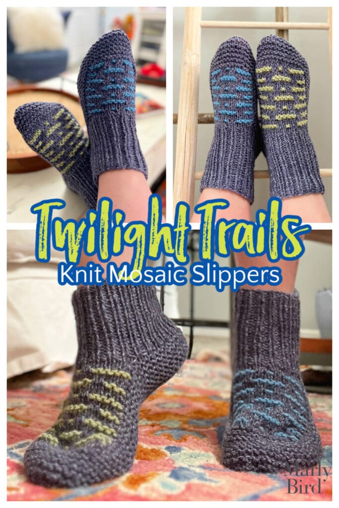 Three images of gray knit slippers with mosaic patterns in blue and yellow. Text reads "Twilight Trails Knit Mosaic Slippers." Photos capture various angles and close-ups, showcasing the slippers' cozy comfort when worn on a colorful rug, adding a pop of color to your style. -Marly Bird