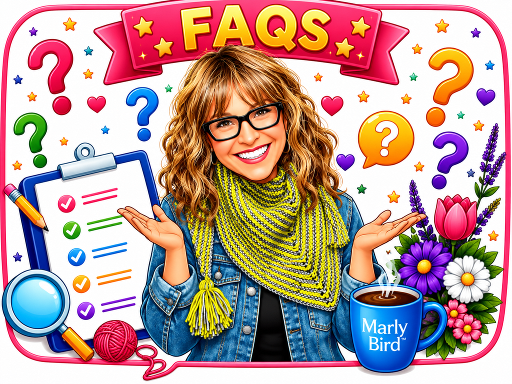 Illustrated FAQ graphic for the Super Simple Two Ball Shawl featuring a cartoon Marly Bird wearing the yellow-green striped shawl, surrounded by colorful question marks and craft supplies with the Marly Bird logo. -Marly Bird