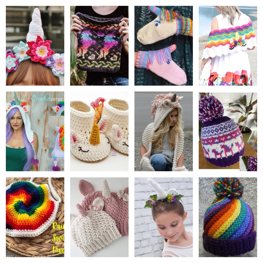 Knit and crochet rainbow and unicorn accessories patterns - Marly Bird