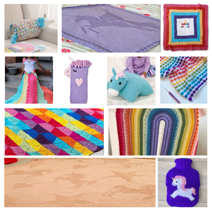 Selection of 11 knit and crochet unicorn patterns. Images show multicolor crochet baby blanket, knit blanket with unicorn textured pattern, square blanket with rainbow outside and unicorn face in center, unicorn wearable blanket, crochet unicorn snuggle sack, unicorn pillow pal, rainbow blanket with white background, multicolor triangle hexagon blanket, crochet rainbow blanket, unicorn and stars textured blanket, knit unicorn hot water bottle cover. Marly Bird