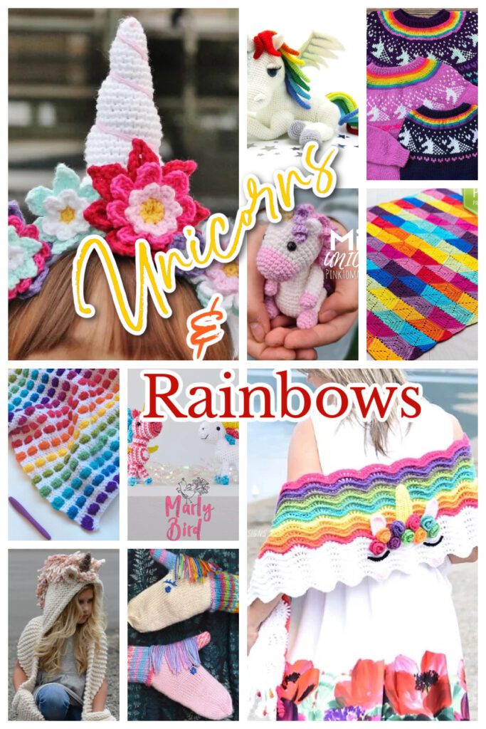 10 pattern images of rainbow knit and crochet unicorn patterns. Crochet headband, amigurumi unicorns, crochet unicorn scarf, knit unicorn sweater, crochet rainbow blanket. Marly Bird