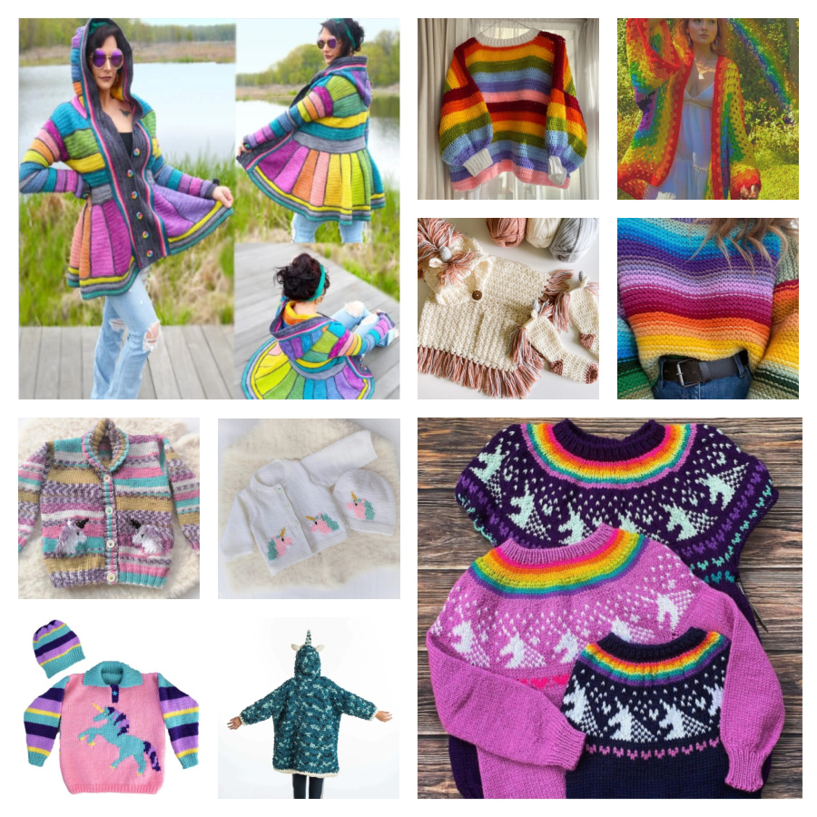 Knit and crochet unicorn and rainbow clothing - Marly Bird