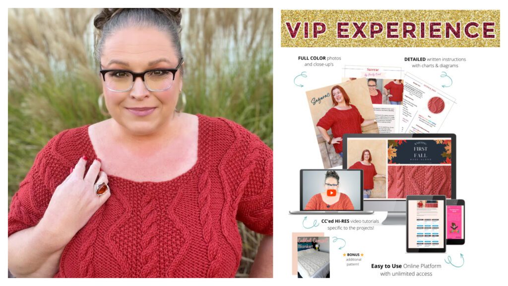 marly bird wearing the sazerac cable knit sweater, bold letters at top of image that read VIP Experience, and a mock up of all that is included inside the VIP Upgrade is below the words 