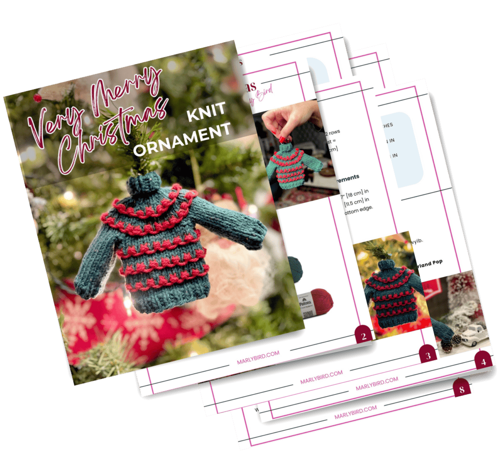 A brochure titled "Very Merry Christmas Knit Ornament" showcases a charming red and green knitted sweater ornament hanging on a tree. Inside, several pages fan out with a free pattern, offering detailed knitting instructions and vibrant images of yarn and procedures. -Marly Bird