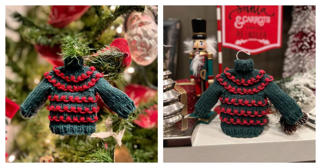 Two images showcase a miniature Christmas knit sweater ornament, green with red stripes, displayed in front of a twinkling Christmas tree. The scene is enriched with festive decorations like a nutcracker and Santa Claus figure, adding to the holiday spirit. -Marly Bird