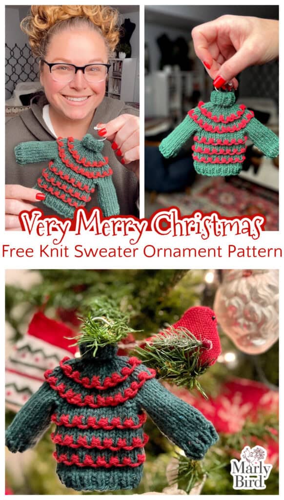 A woman with glasses showcases a delightful knit sweater ornament in festive red and green hues. The image captures the ornament up close and displayed on a Christmas tree. Text reads: "Very Merry Christmas. Free Knit Sweater Ornament Pattern by Marly Bird. -Marly Bird