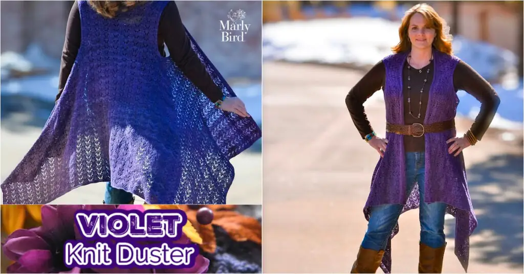 A sleeveless violet knit duster, lightweight with visible stitch detail, is worn over a black shirt and jeans outdoors.
