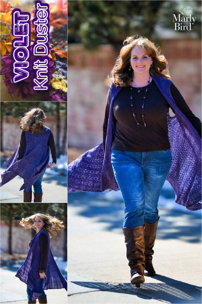 Woman wearing a sleeveless, open front knit duster vest in violet yarn; shows drape and stitch detail as she walks outdoors.