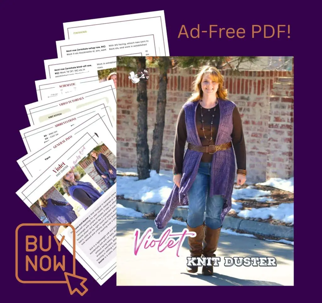 A woman models a long, textured purple knit duster vest; sample pattern pages and a "BUY NOW" button appear on a purple background.